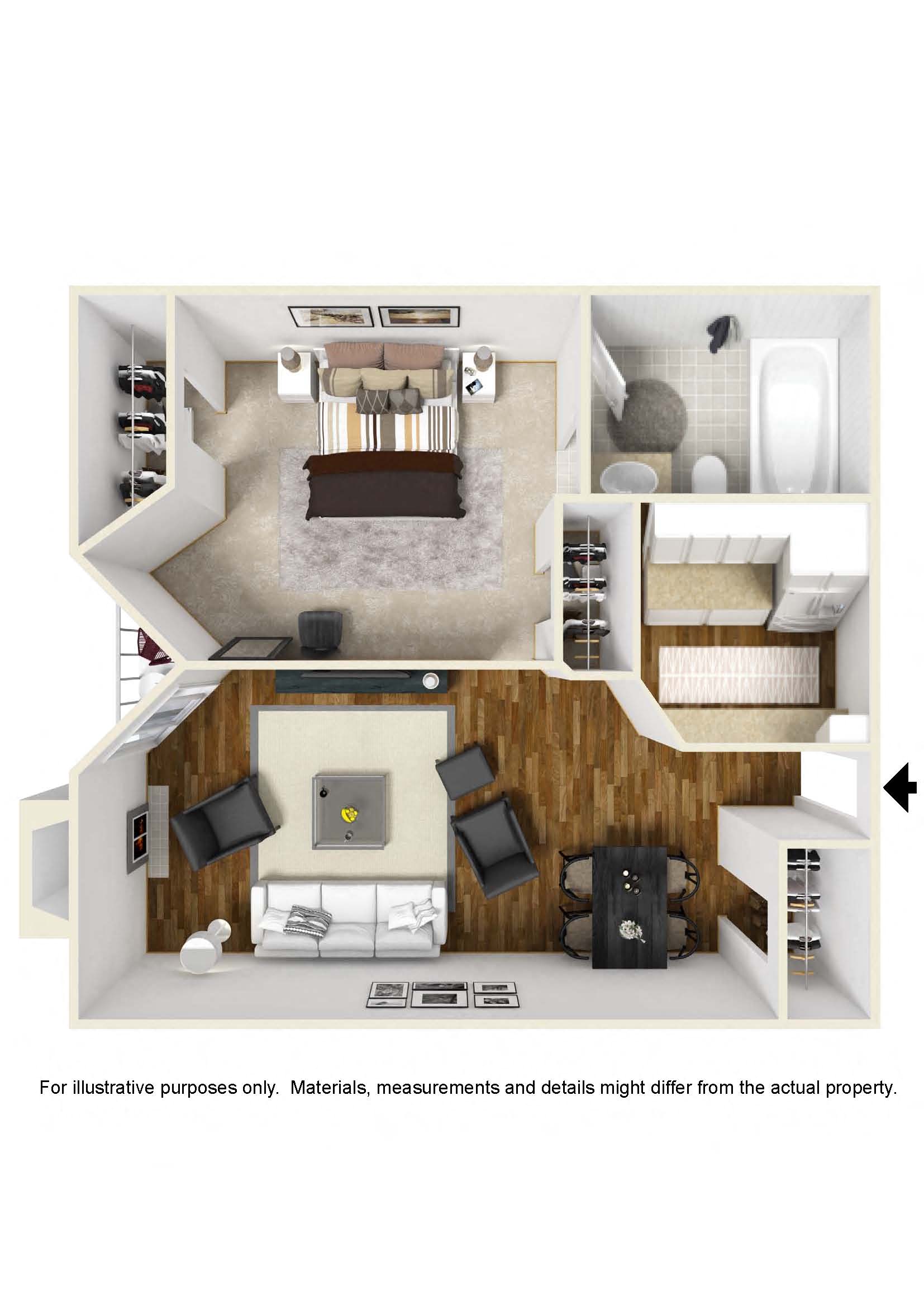 Floor plan for 1 bed, 1 bath, 700 sqft